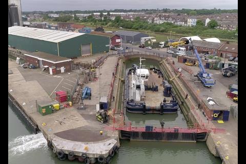The Port of London Authority's moorings maintenance vessel 'London Titan' in Lowestoft dry dock